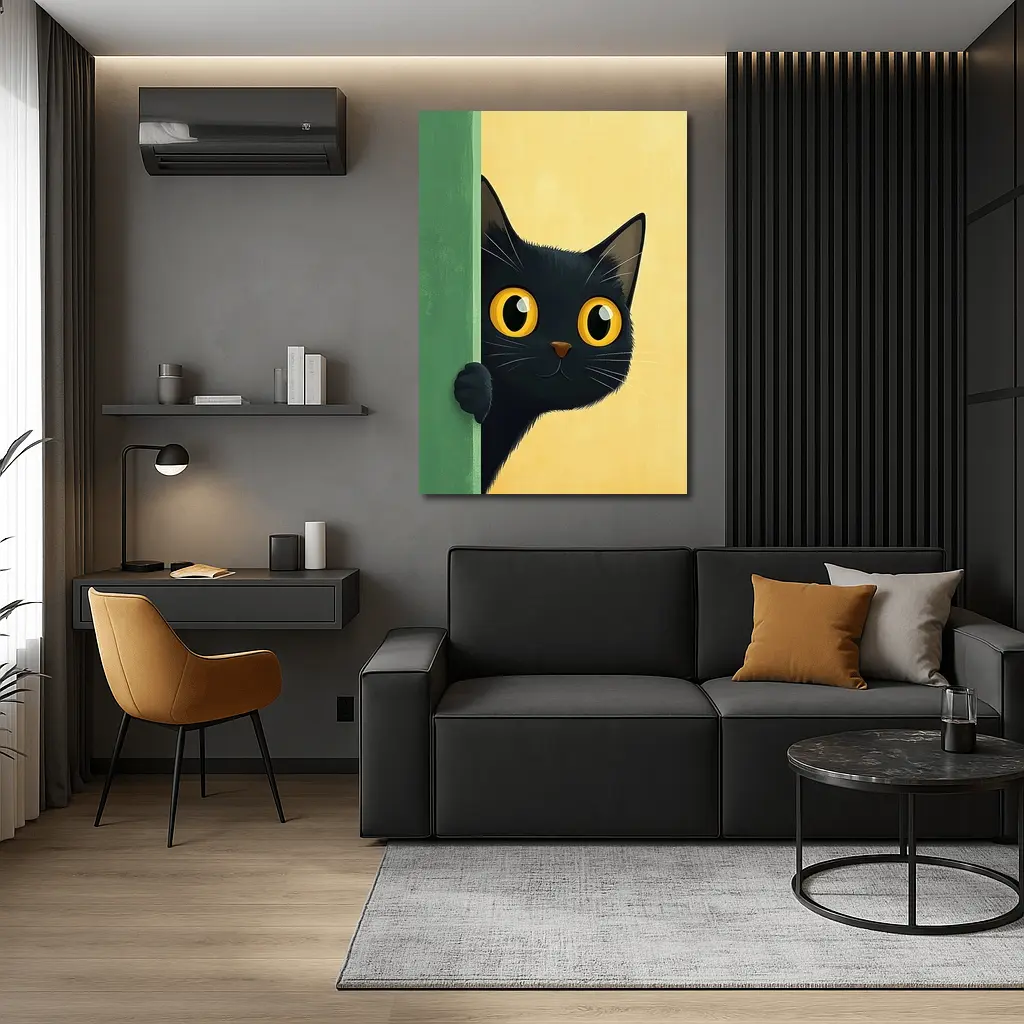 Curious Black Cat Peeking Around Green Wall – Wall Art
