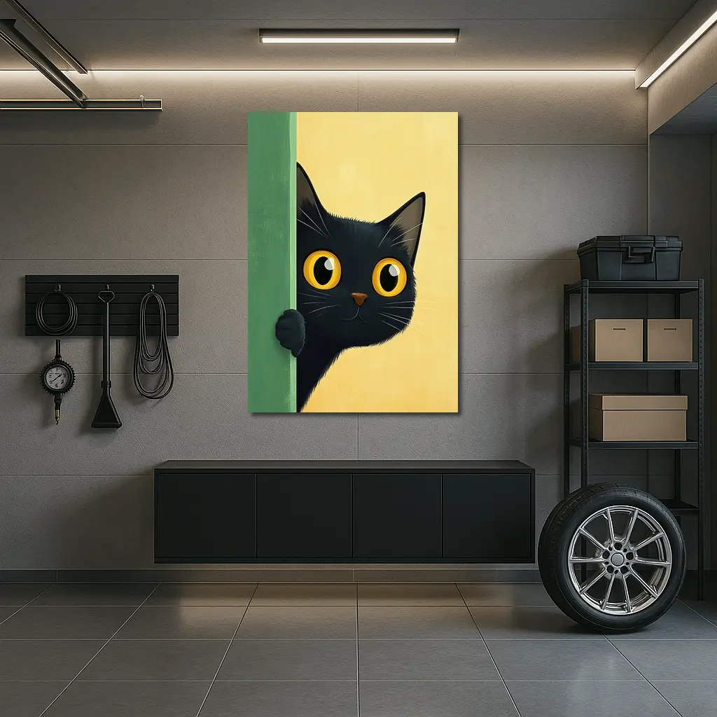 Curious Black Cat Peeking Around Green Wall – Wall Art