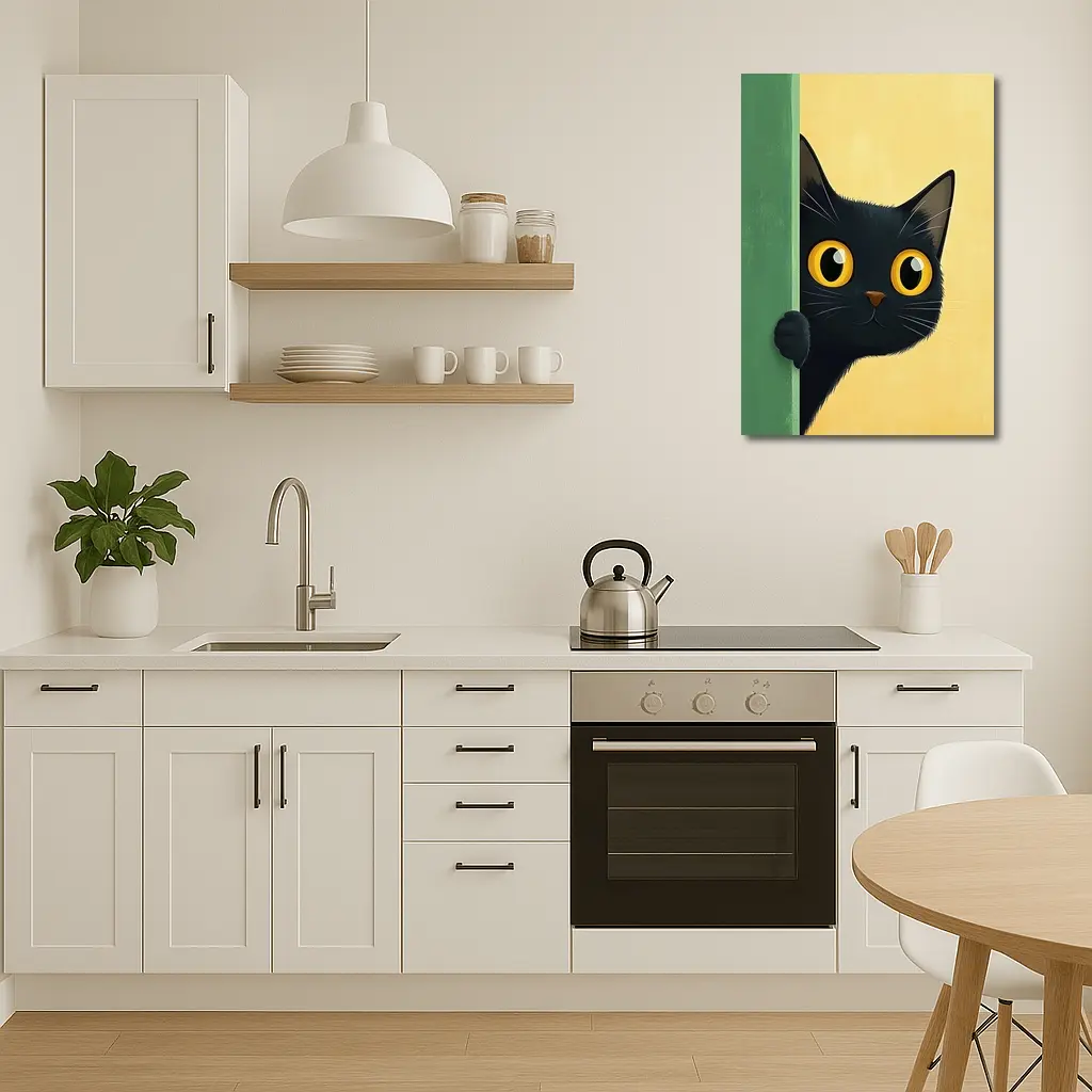 Curious Black Cat Peeking Around Green Wall – Wall Art