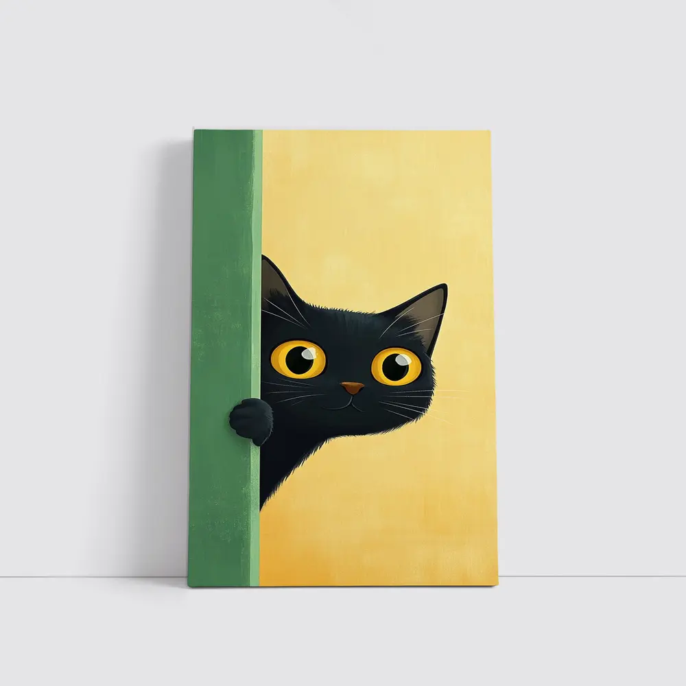 Curious Black Cat Peeking Around Green Wall – Wall Art