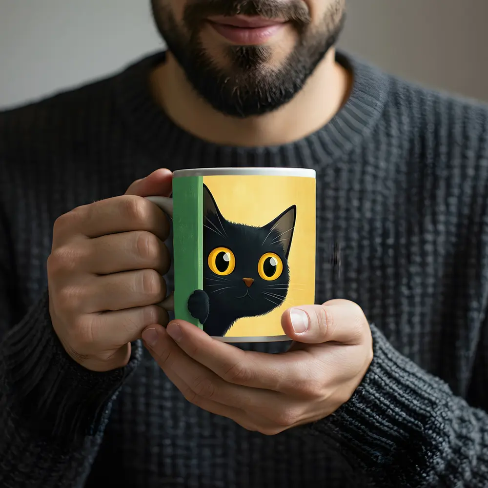 Curious Black Cat Peeking Around Green Wall – Mugs