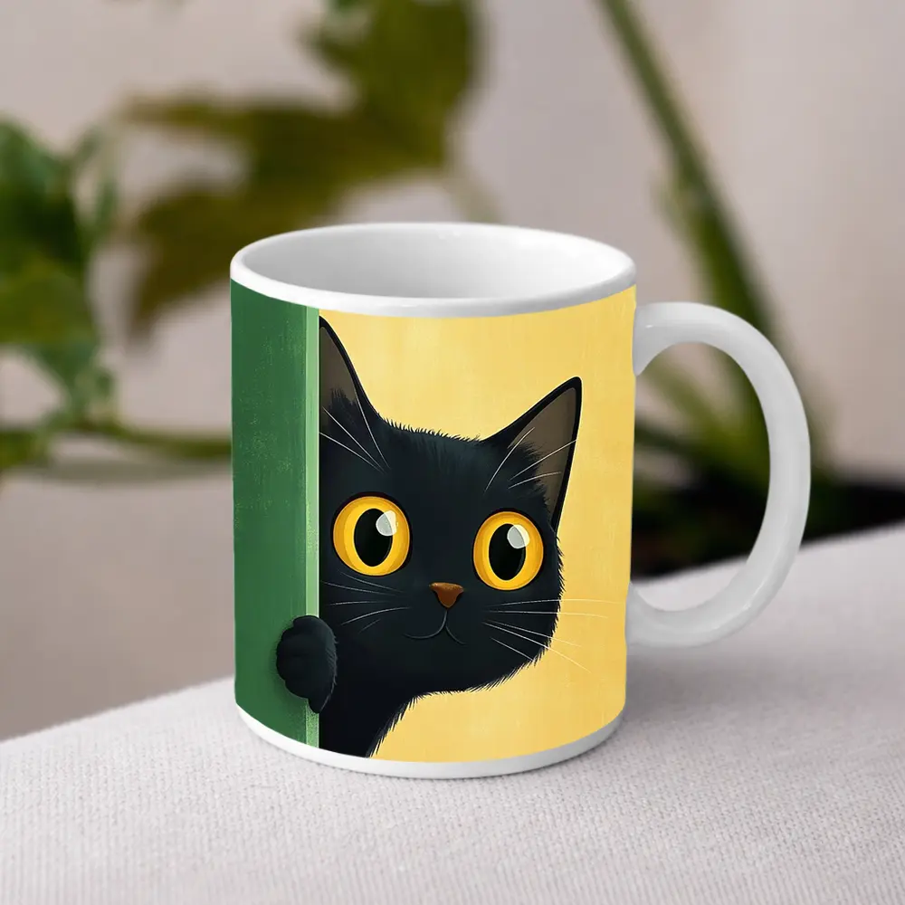 Curious Black Cat Peeking Around Green Wall – Mugs
