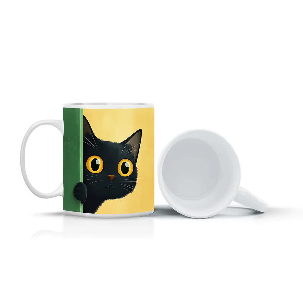 Curious Black Cat Peeking Around Green Wall – Mugs