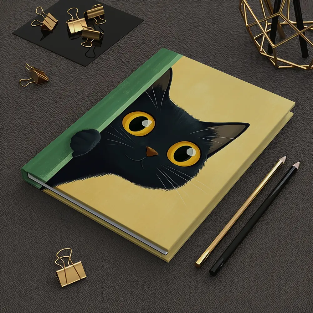 Curious Black Cat Peeking Around Green Wall – Notebooks