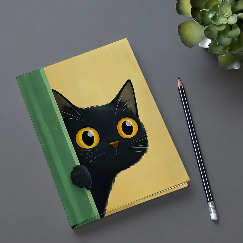 Curious Black Cat Peeking Around Green Wall – Notebooks