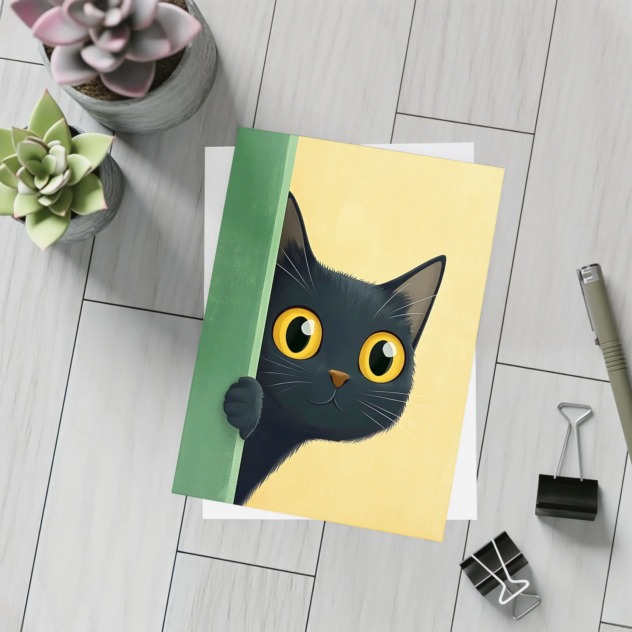 Curious Black Cat Peeking Around Green Wall – Postcards