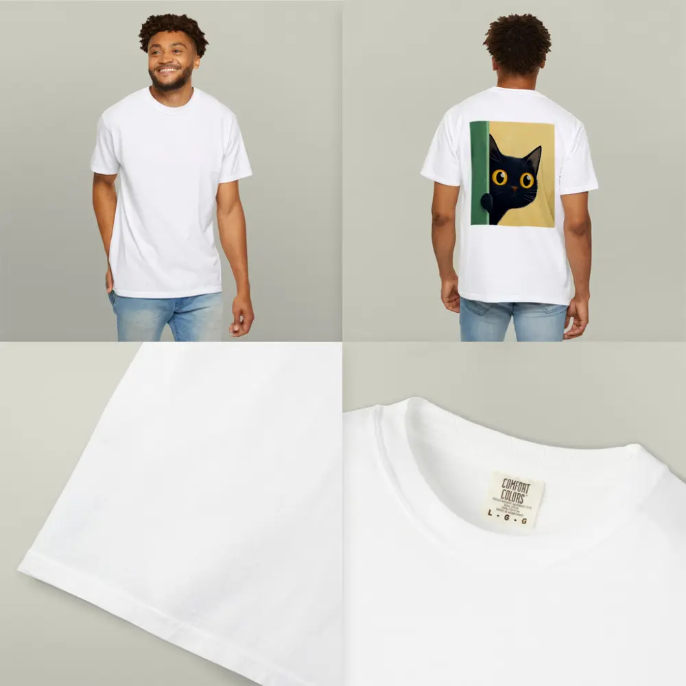 Curious Black Cat Peeking Around Green Wall – T-Shirts
