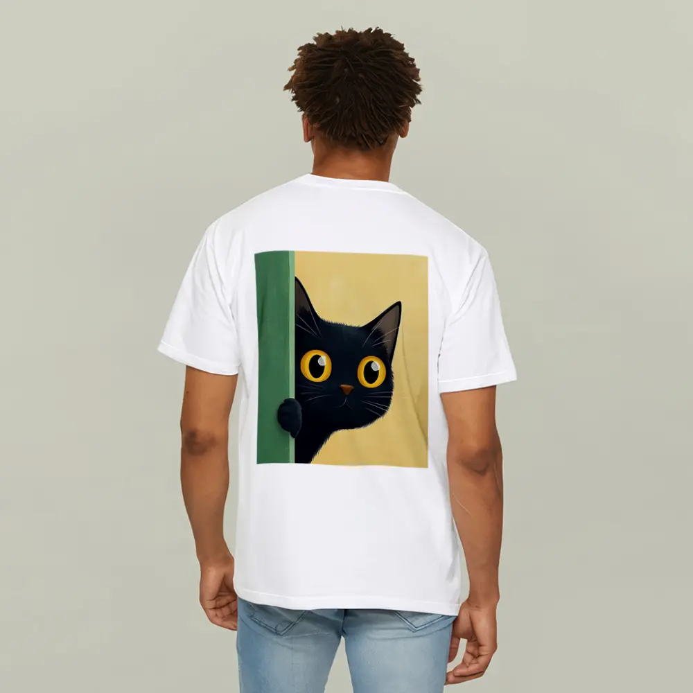 Curious Black Cat Peeking Around Green Wall – T-Shirts
