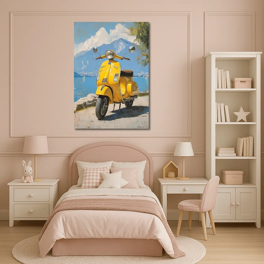 Yellow Vespa Scooter Italian Lake Painting – Wall Art
