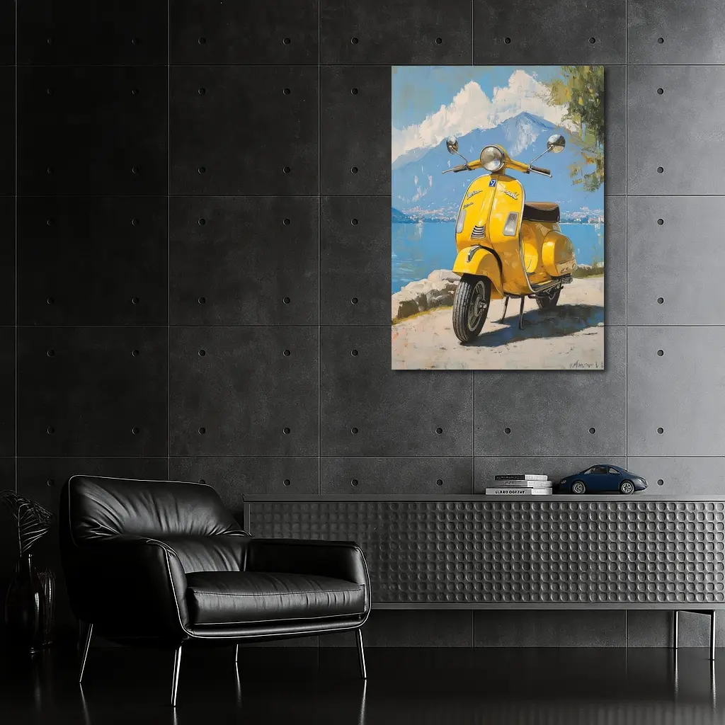 Yellow Vespa Scooter Italian Lake Painting – Wall Art
