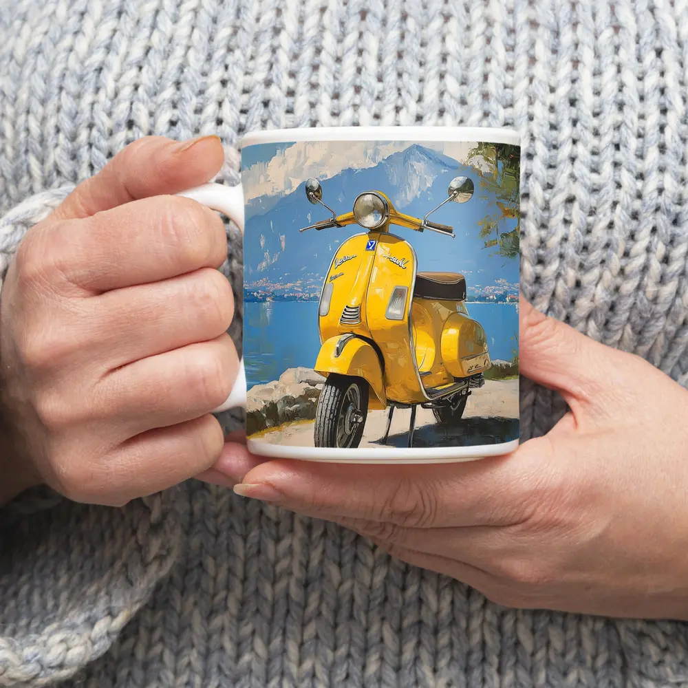 Yellow Vespa Scooter Italian Lake Painting – Mugs