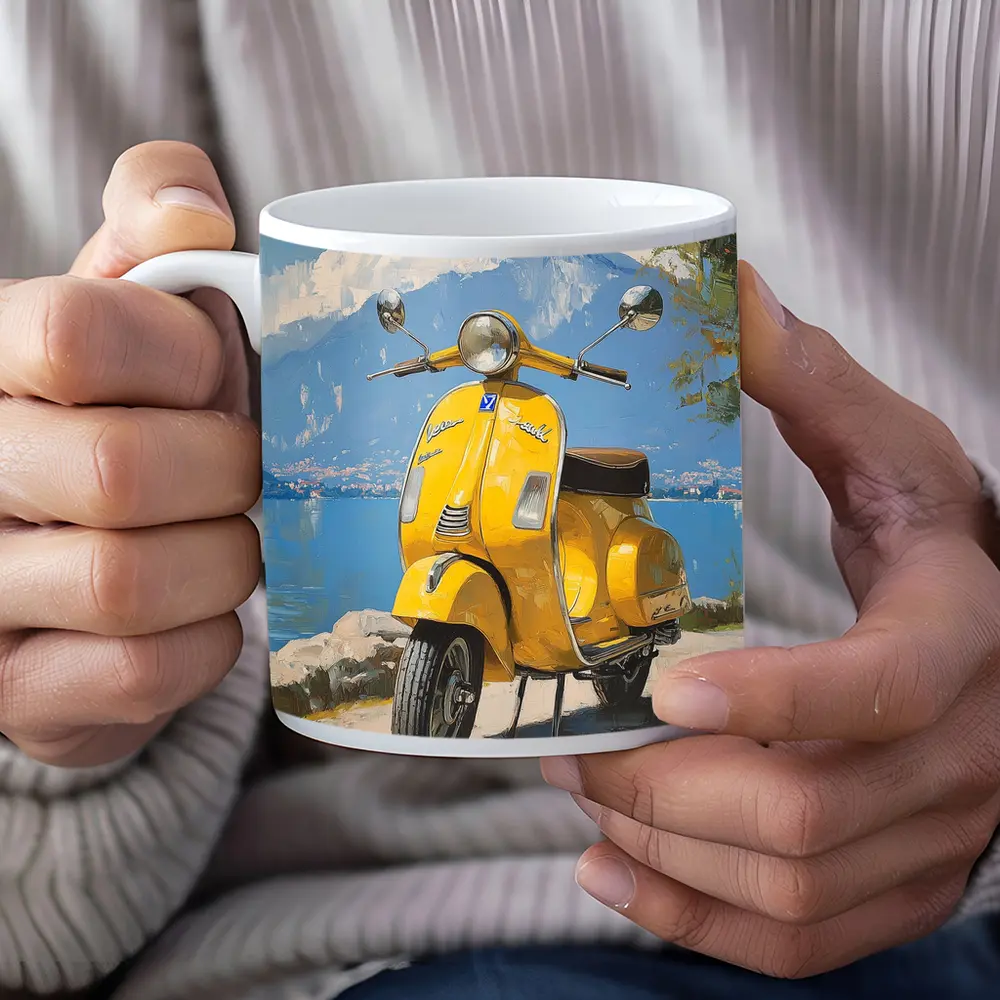 Yellow Vespa Scooter Italian Lake Painting – Mugs