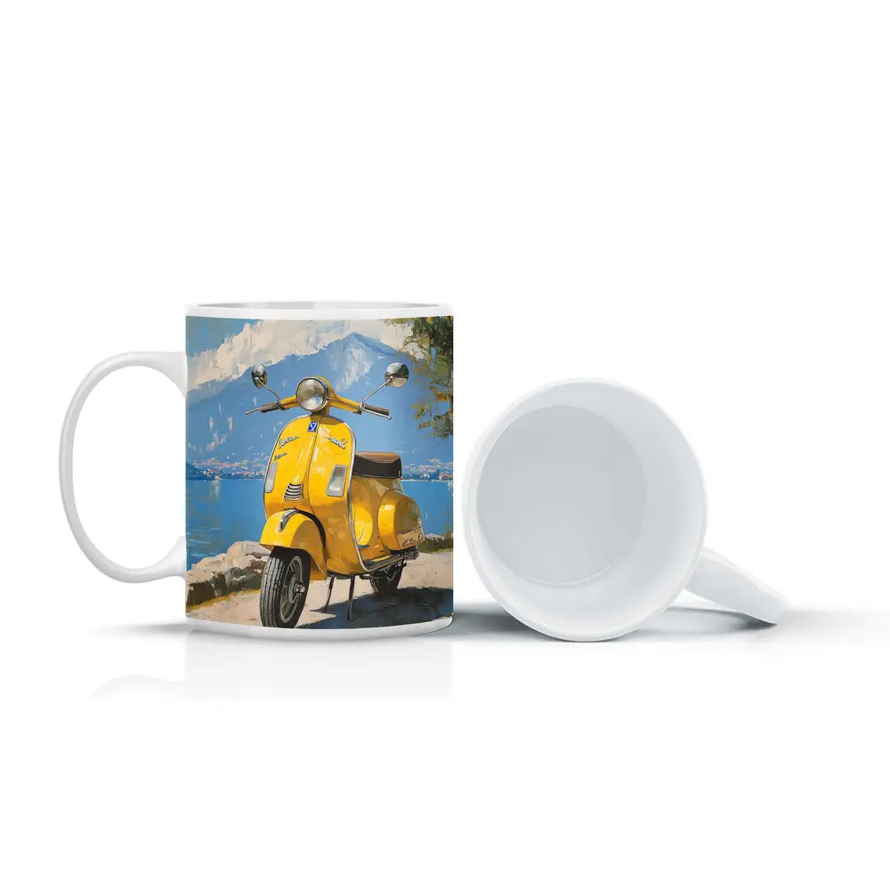 Yellow Vespa Scooter Italian Lake Painting – Mugs