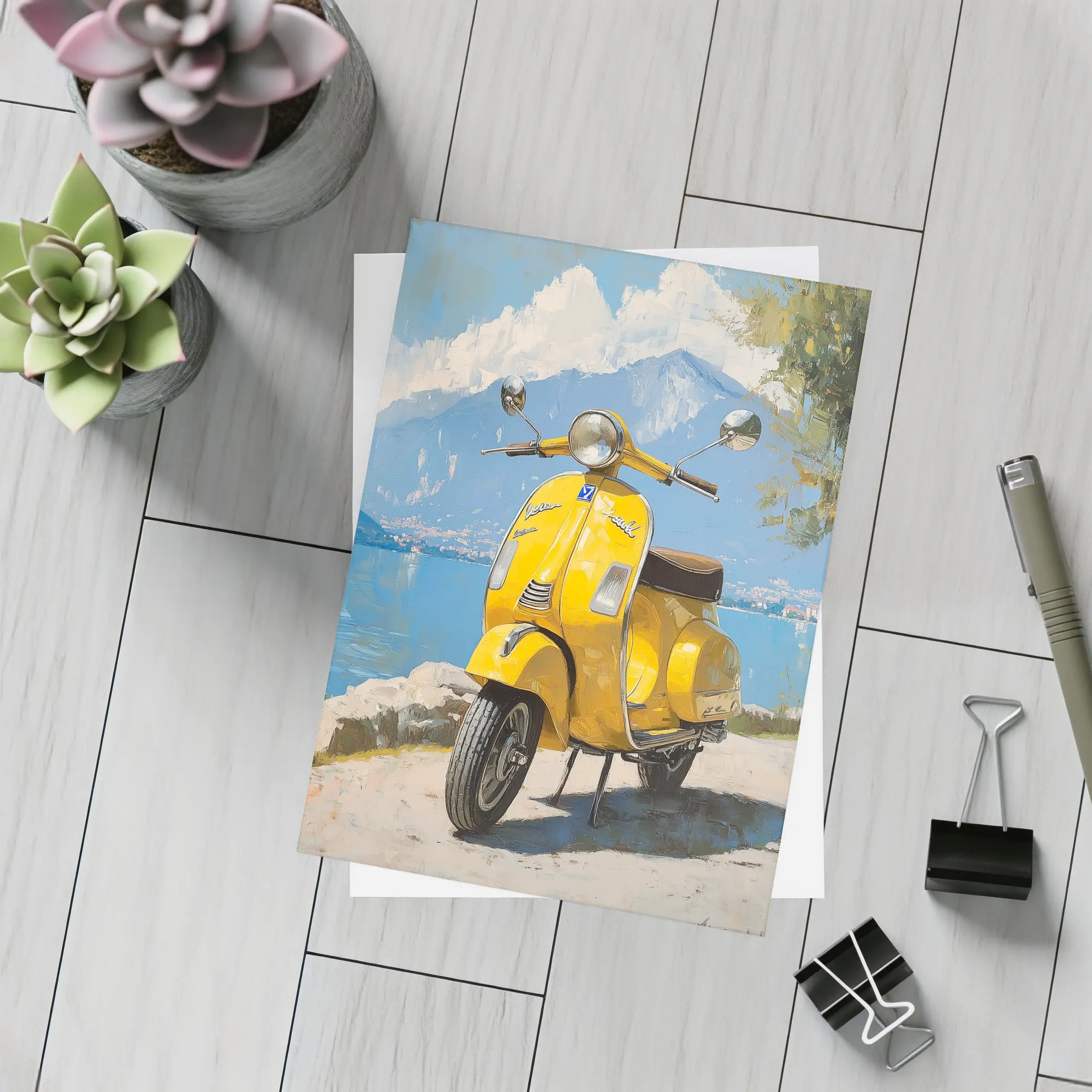 Yellow Vespa Scooter Italian Lake Painting – Postcards