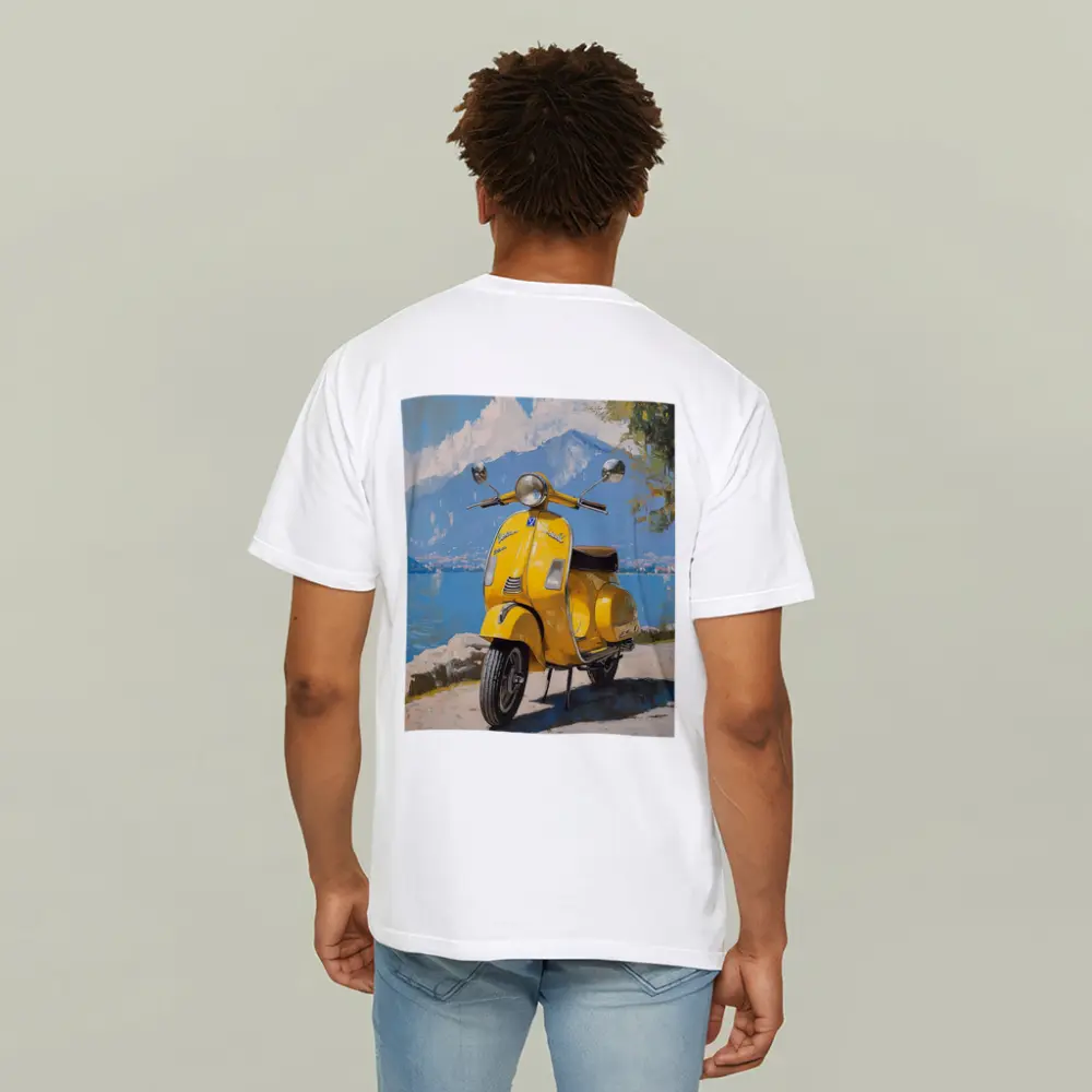 Yellow Vespa Scooter Italian Lake Painting – T-Shirts