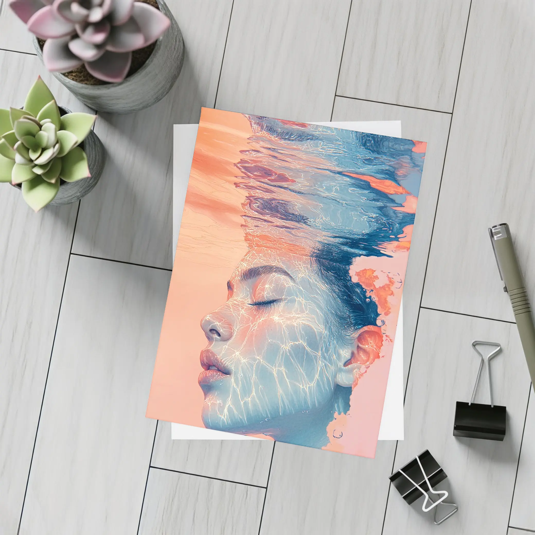 Woman Face Underwater Coral Abstract Art – Postcards