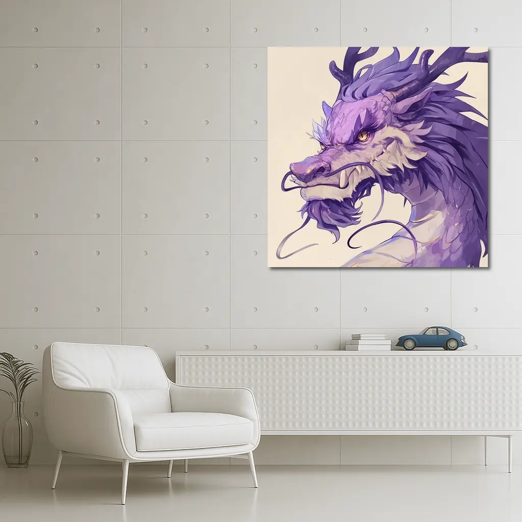 Purple Dragon Head Anime Art Beige Background – Wall Art