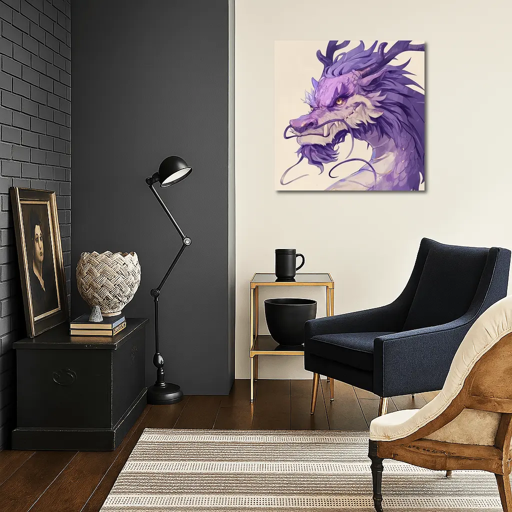 Purple Dragon Head Anime Art Beige Background – Wall Art