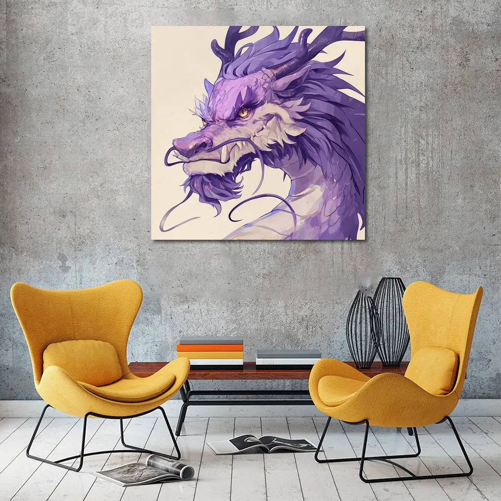 Purple Dragon Head Anime Art Beige Background – Wall Art
