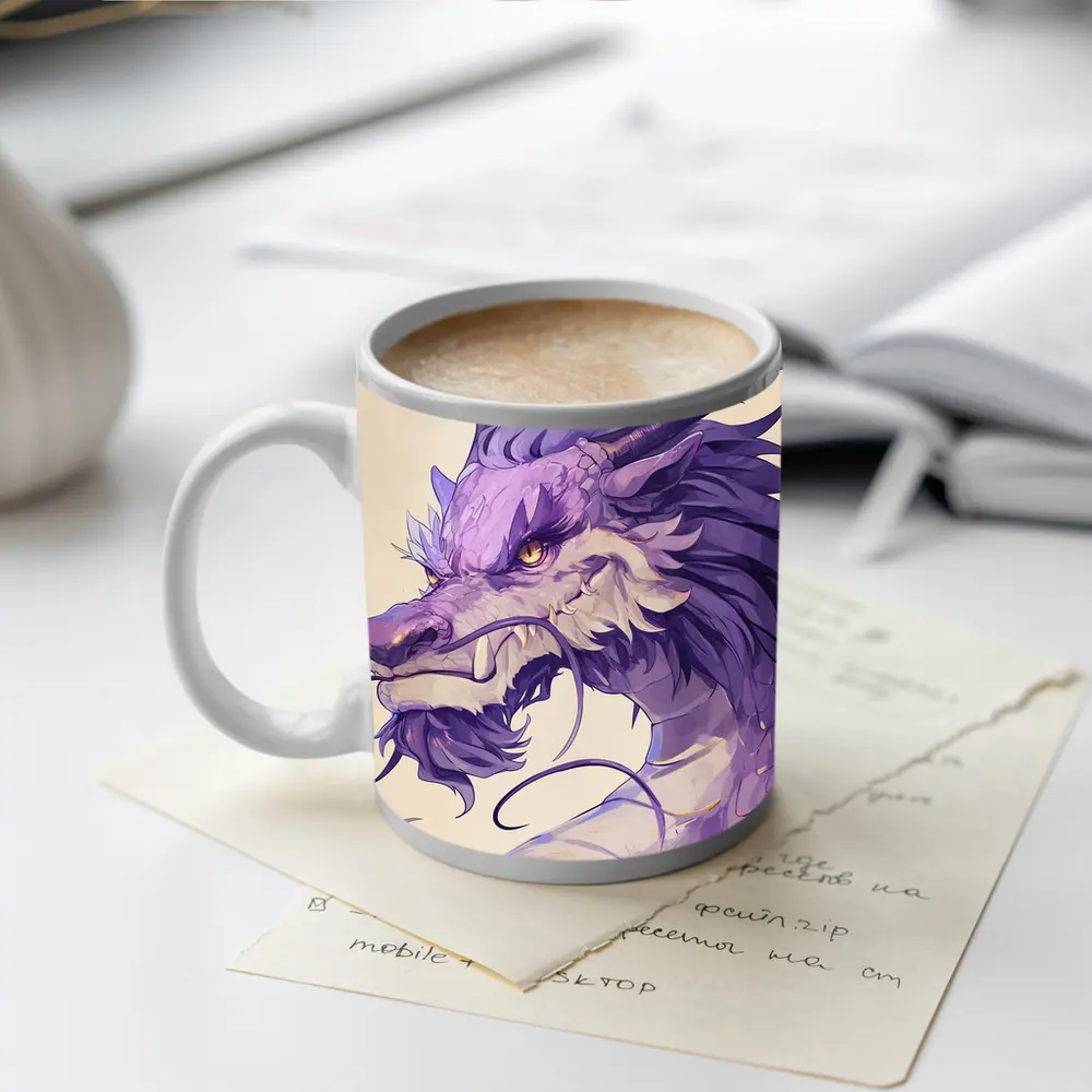 Purple Dragon Head Anime Art Beige Background – Mugs