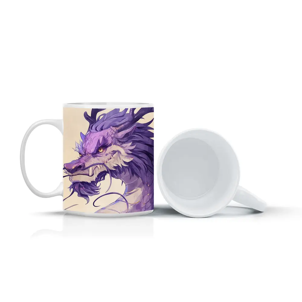 Purple Dragon Head Anime Art Beige Background – Mugs