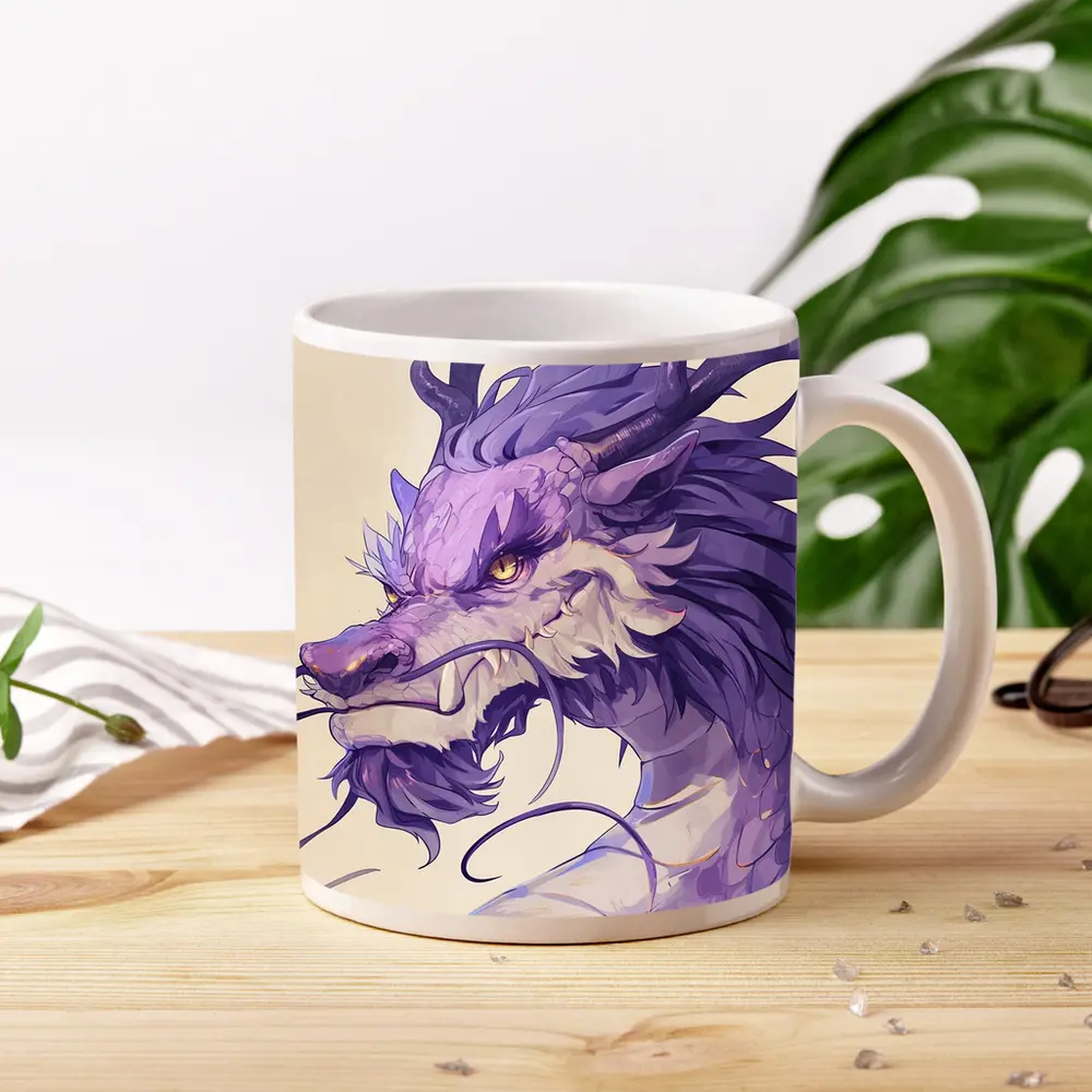 Purple Dragon Head Anime Art Beige Background – Mugs