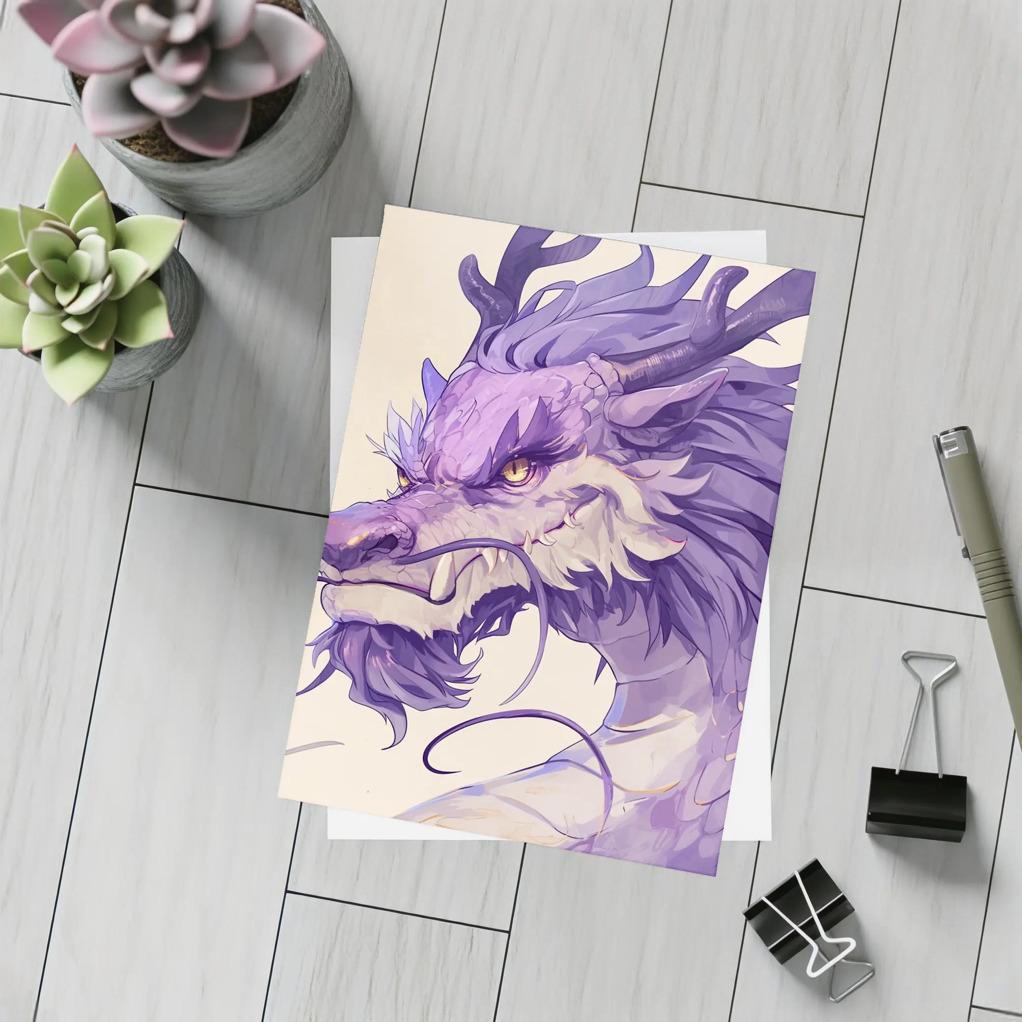 Purple Dragon Head Anime Art Beige Background – Postcards