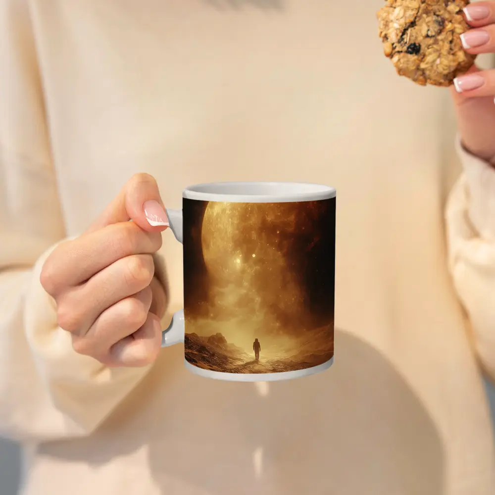 Lone Astronaut Walking Toward Giant Planet – Mugs