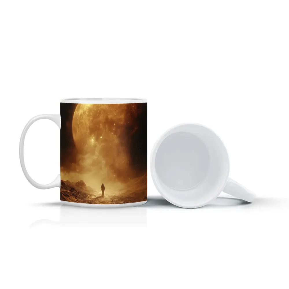 Lone Astronaut Walking Toward Giant Planet – Mugs