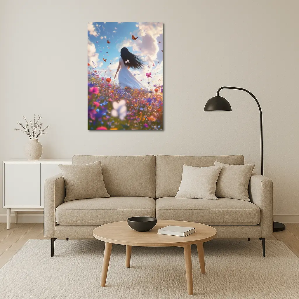 Girl in White Dress Wildflower Field Butterflies – Wall Art