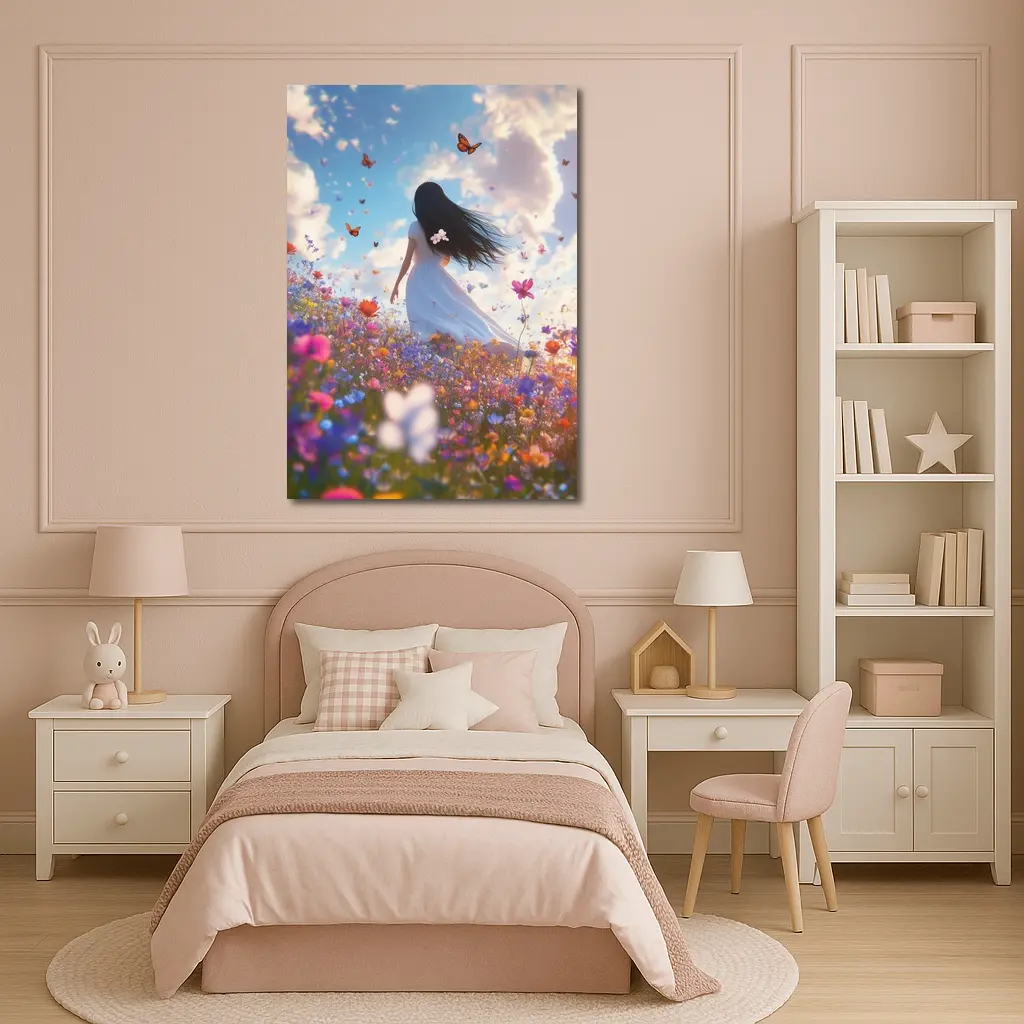 Girl in White Dress Wildflower Field Butterflies – Wall Art