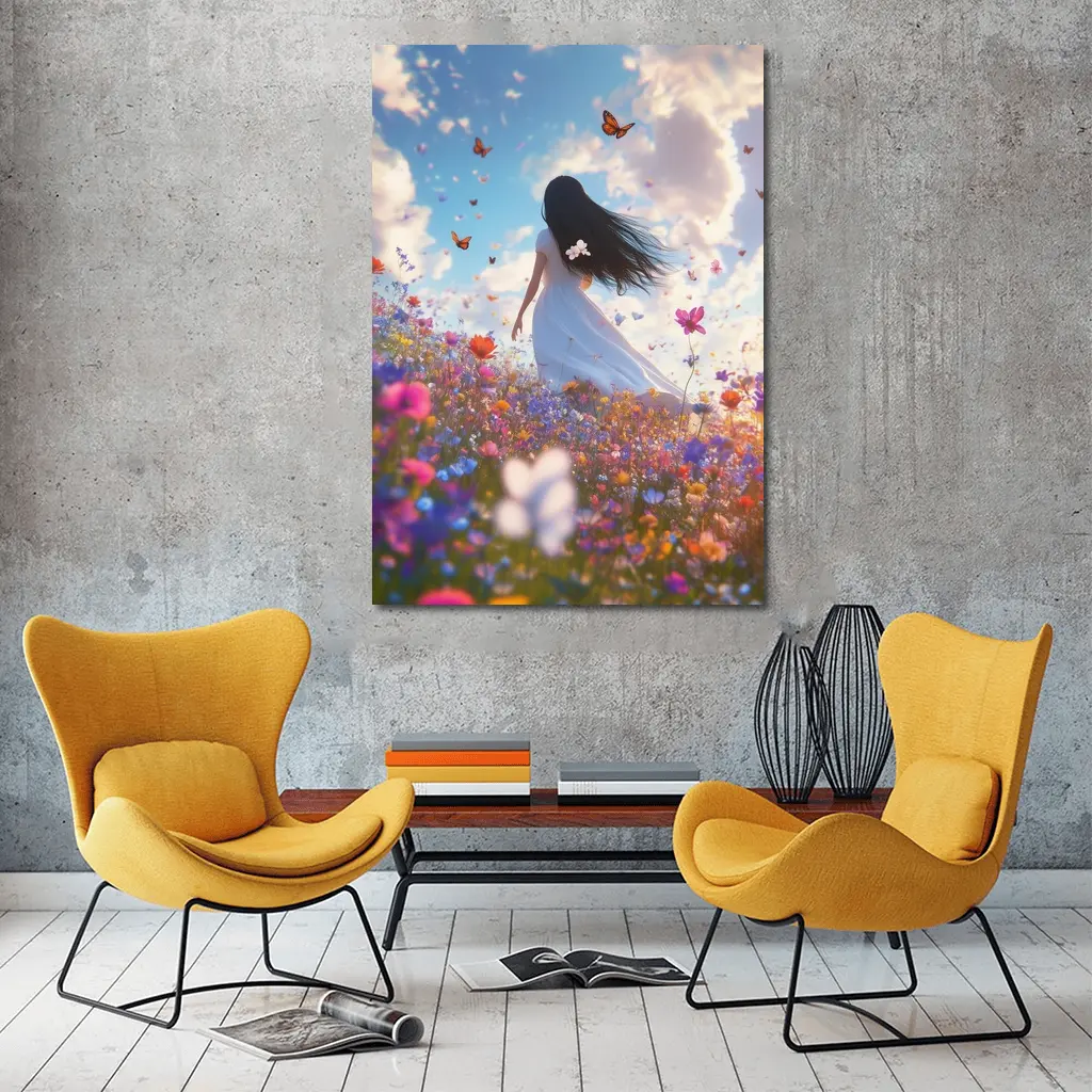 Girl in White Dress Wildflower Field Butterflies – Wall Art