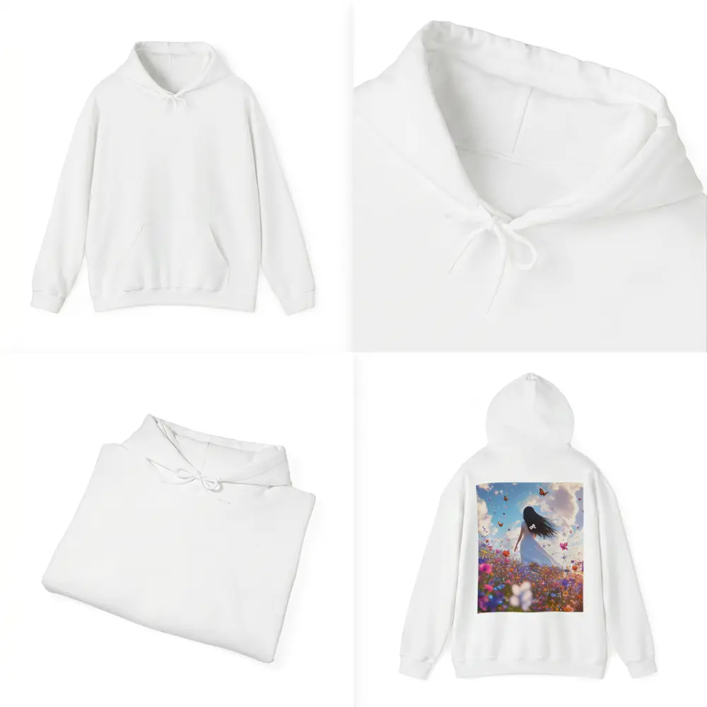 Girl in White Dress Wildflower Field Butterflies – Hoodies