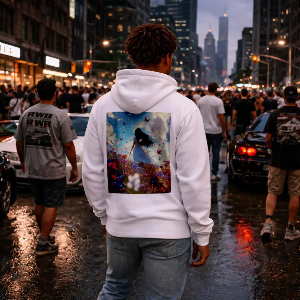 Girl in White Dress Wildflower Field Butterflies – Hoodies