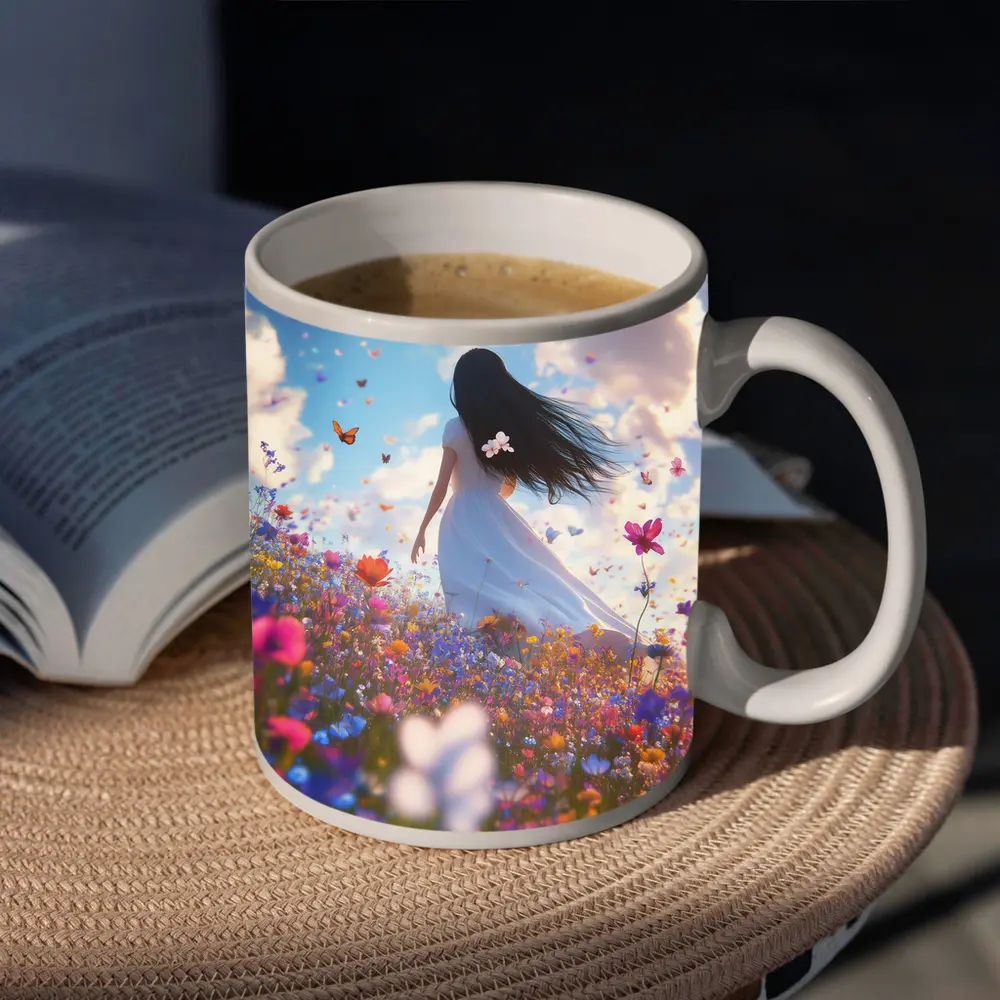 Girl in White Dress Wildflower Field Butterflies – Mugs
