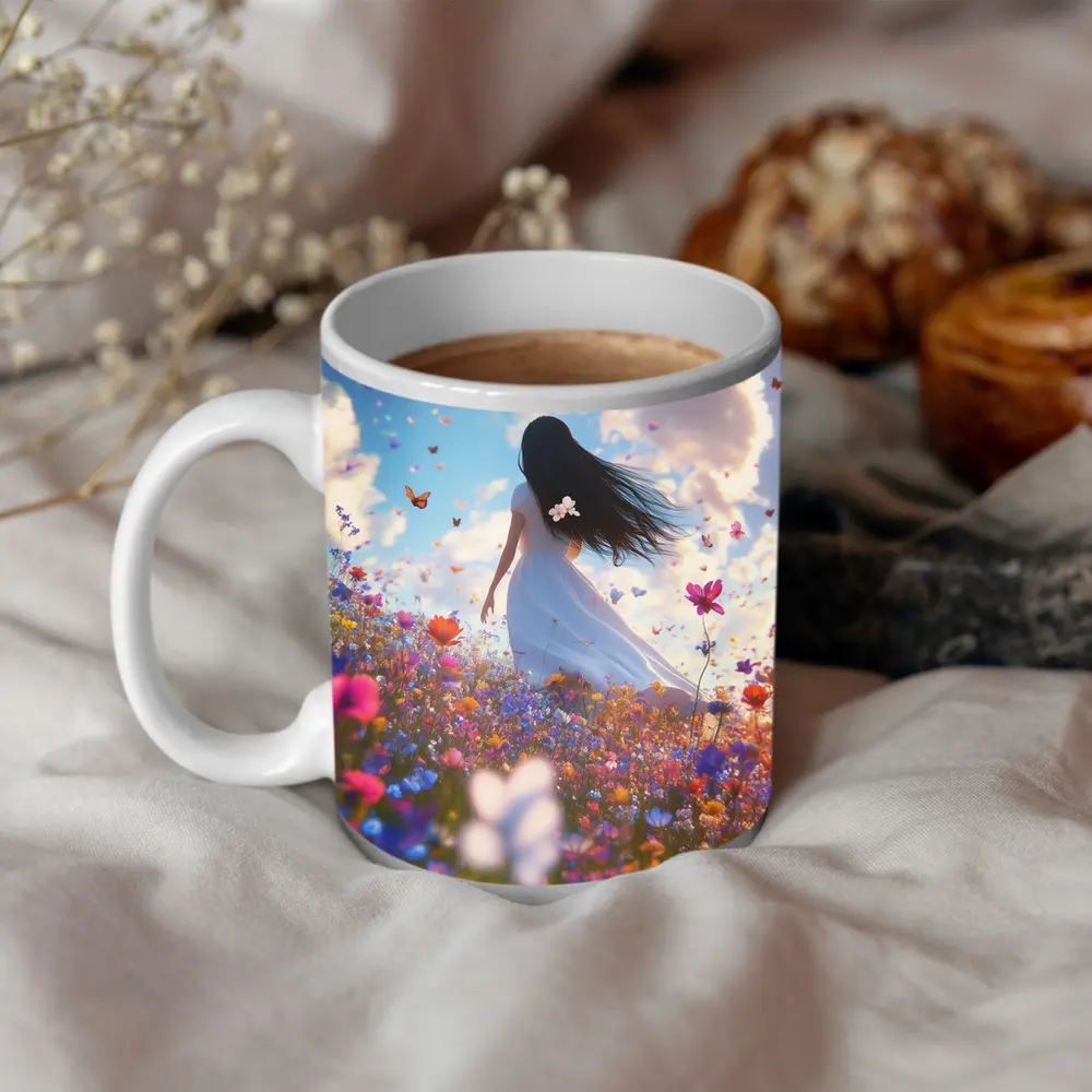 Girl in White Dress Wildflower Field Butterflies – Mugs