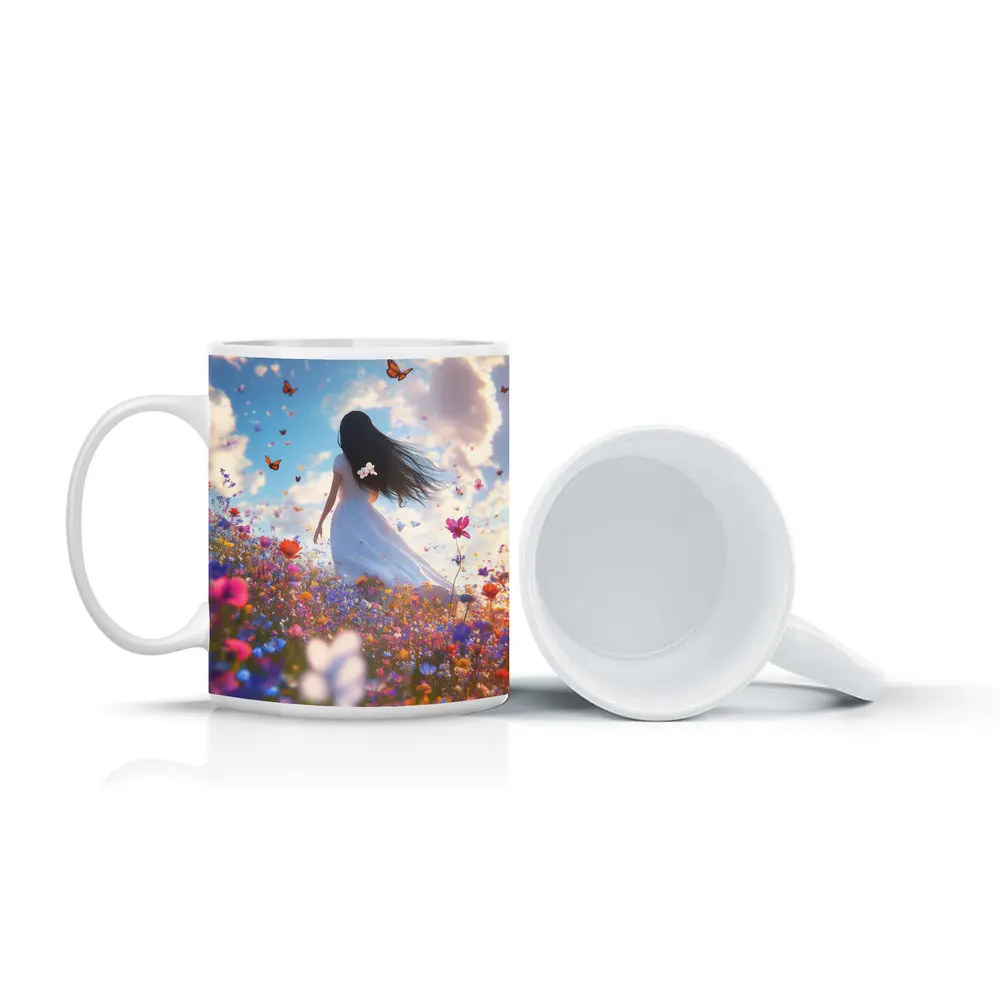 Girl in White Dress Wildflower Field Butterflies – Mugs