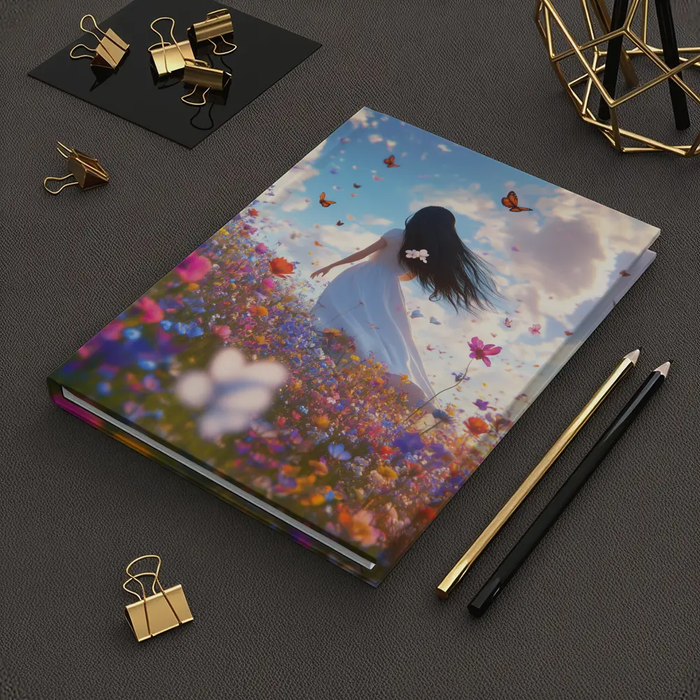 Girl in White Dress Wildflower Field Butterflies – Notebooks