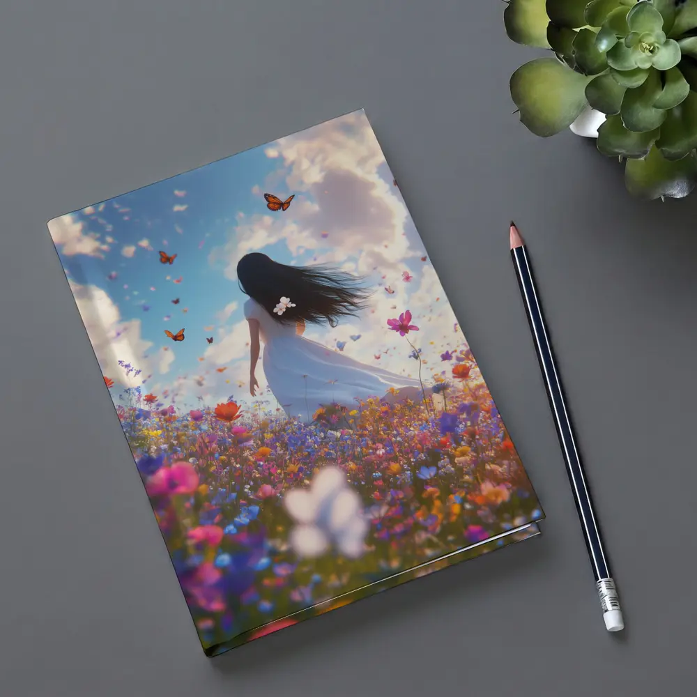 Girl in White Dress Wildflower Field Butterflies – Notebooks