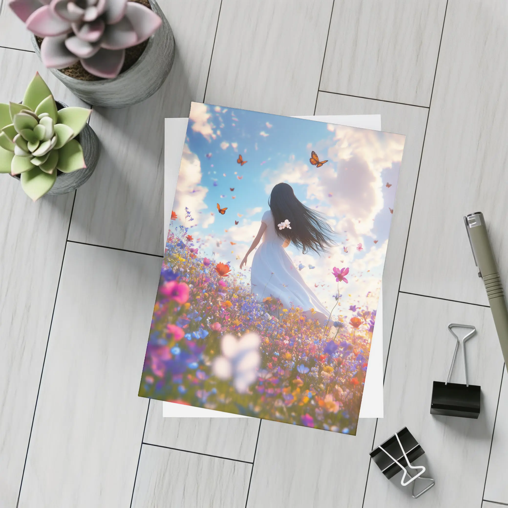 Girl in White Dress Wildflower Field Butterflies – Postcards