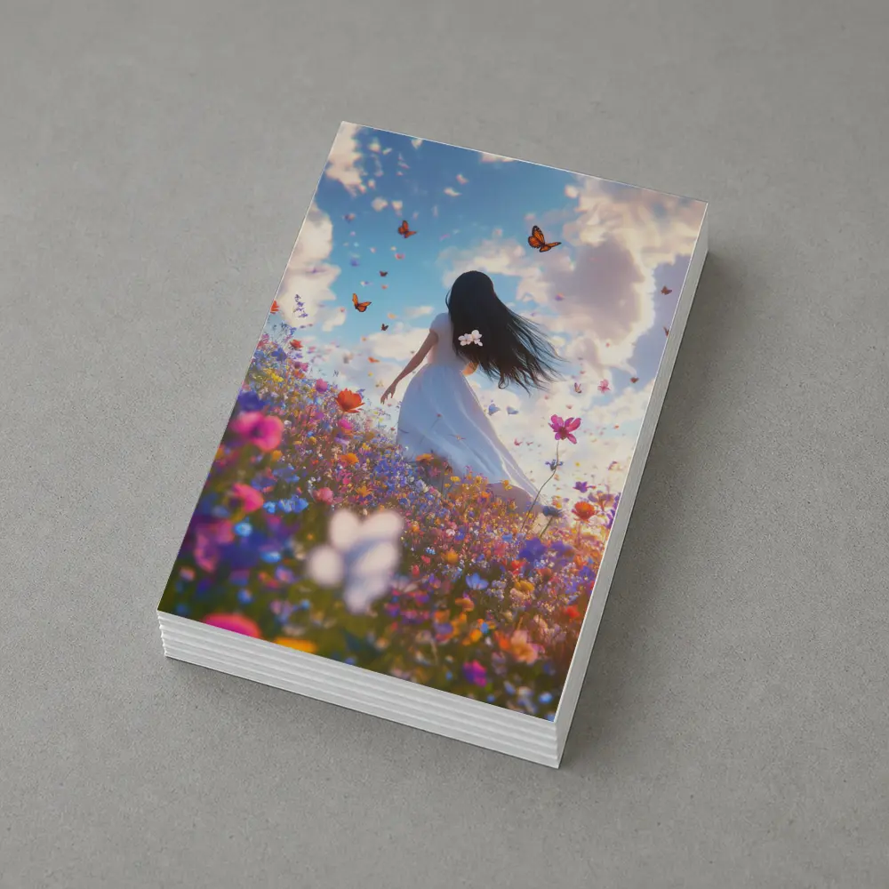 Girl in White Dress Wildflower Field Butterflies – Postcards