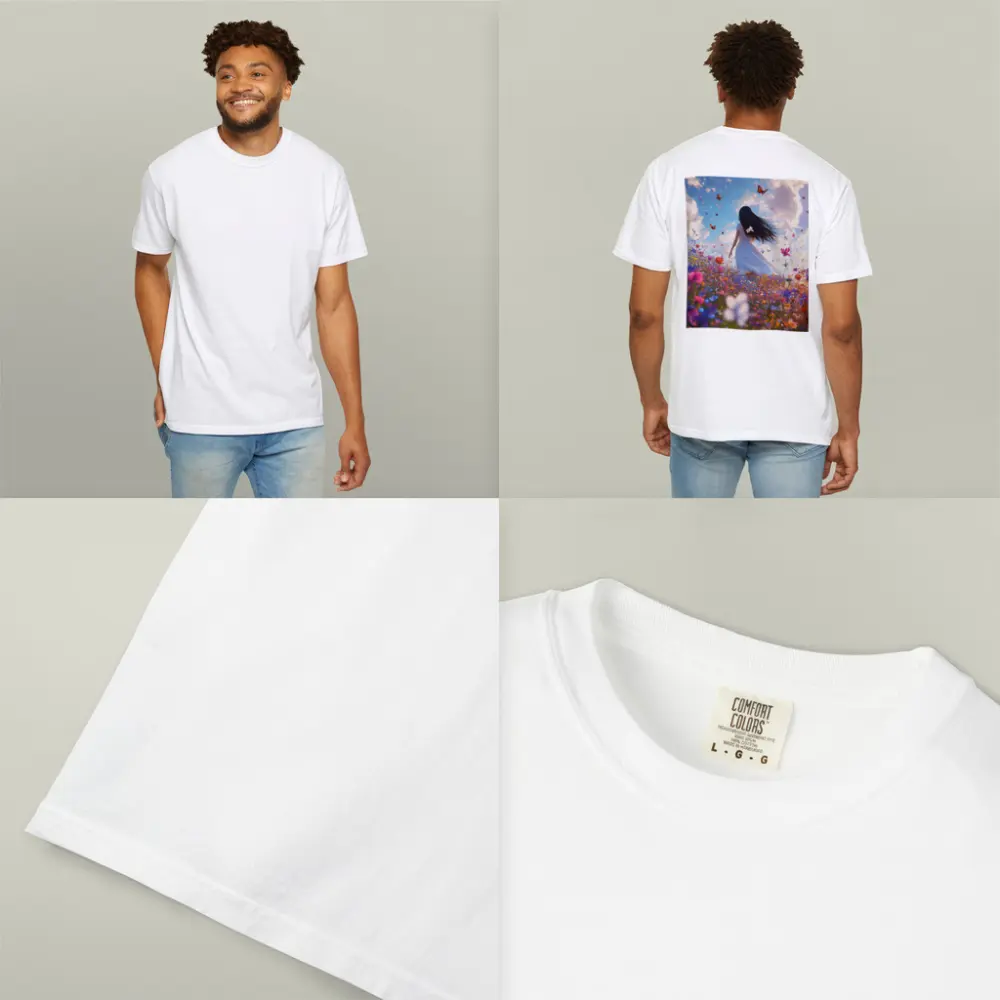 Girl in White Dress Wildflower Field Butterflies – T-Shirts