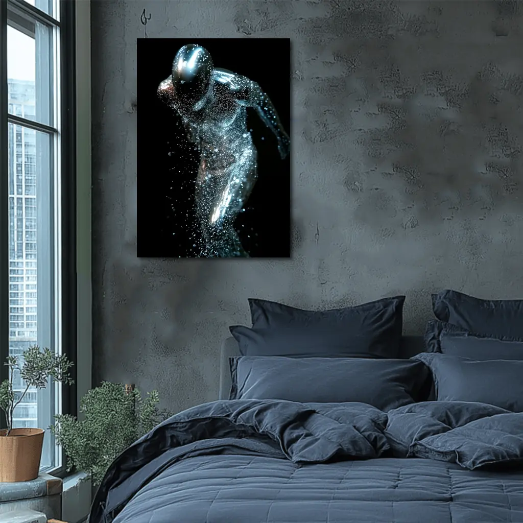 Silver Figure Running Particle Explosion Dark Background – Wall Art