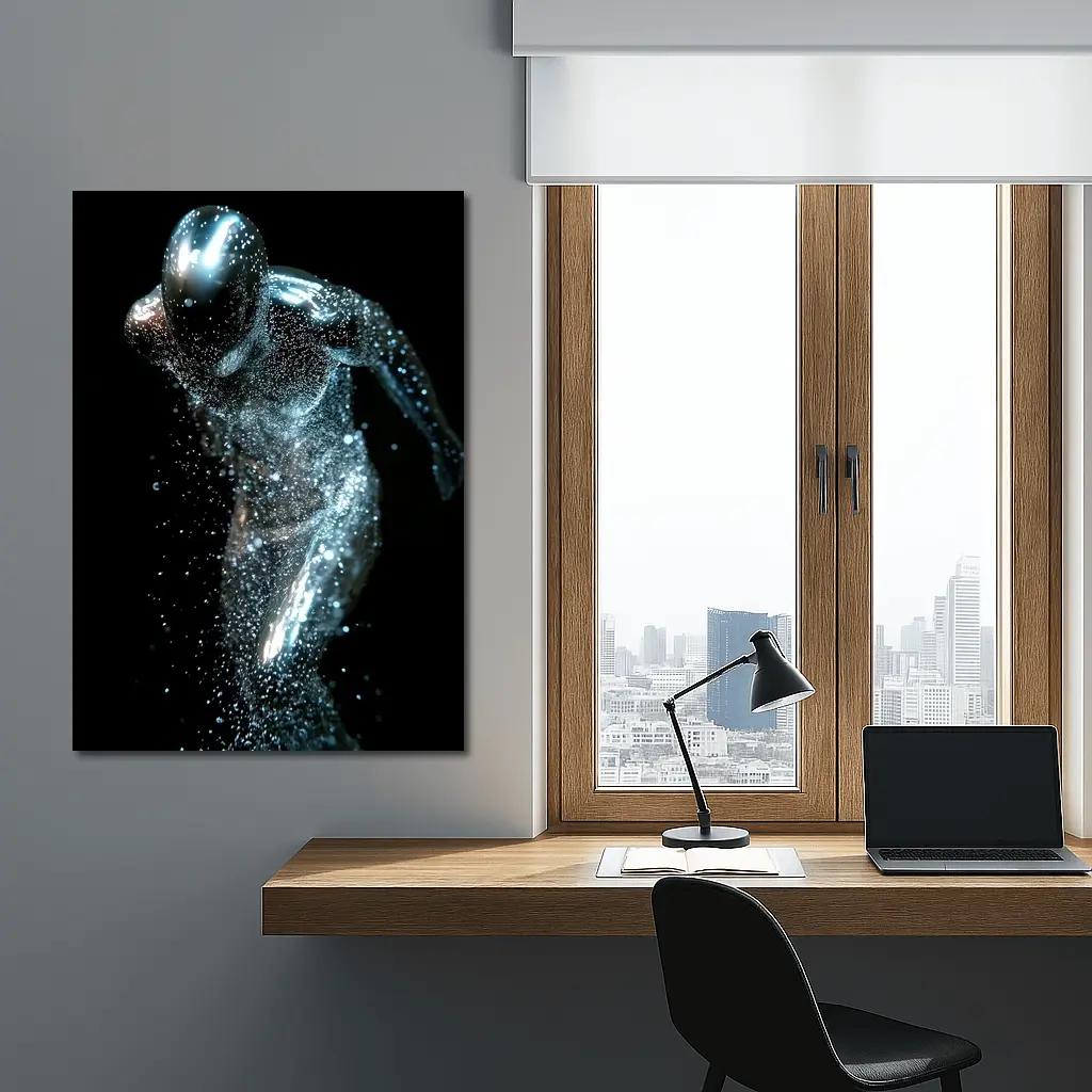 Silver Figure Running Particle Explosion Dark Background – Wall Art
