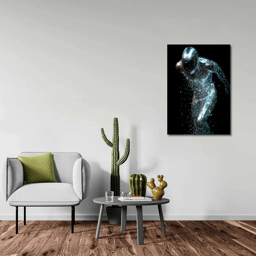 Silver Figure Running Particle Explosion Dark Background – Wall Art
