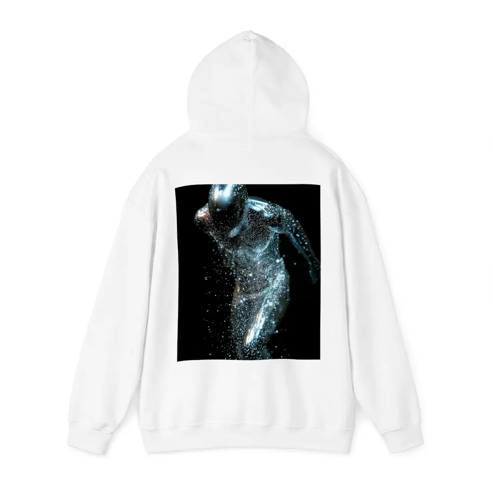 Silver Figure Running Particle Explosion Dark Background – Hoodies