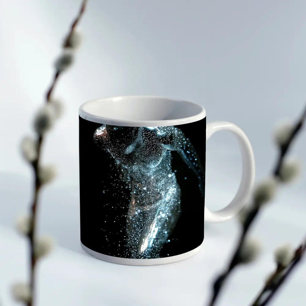 Silver Figure Running Particle Explosion Dark Background – Mugs