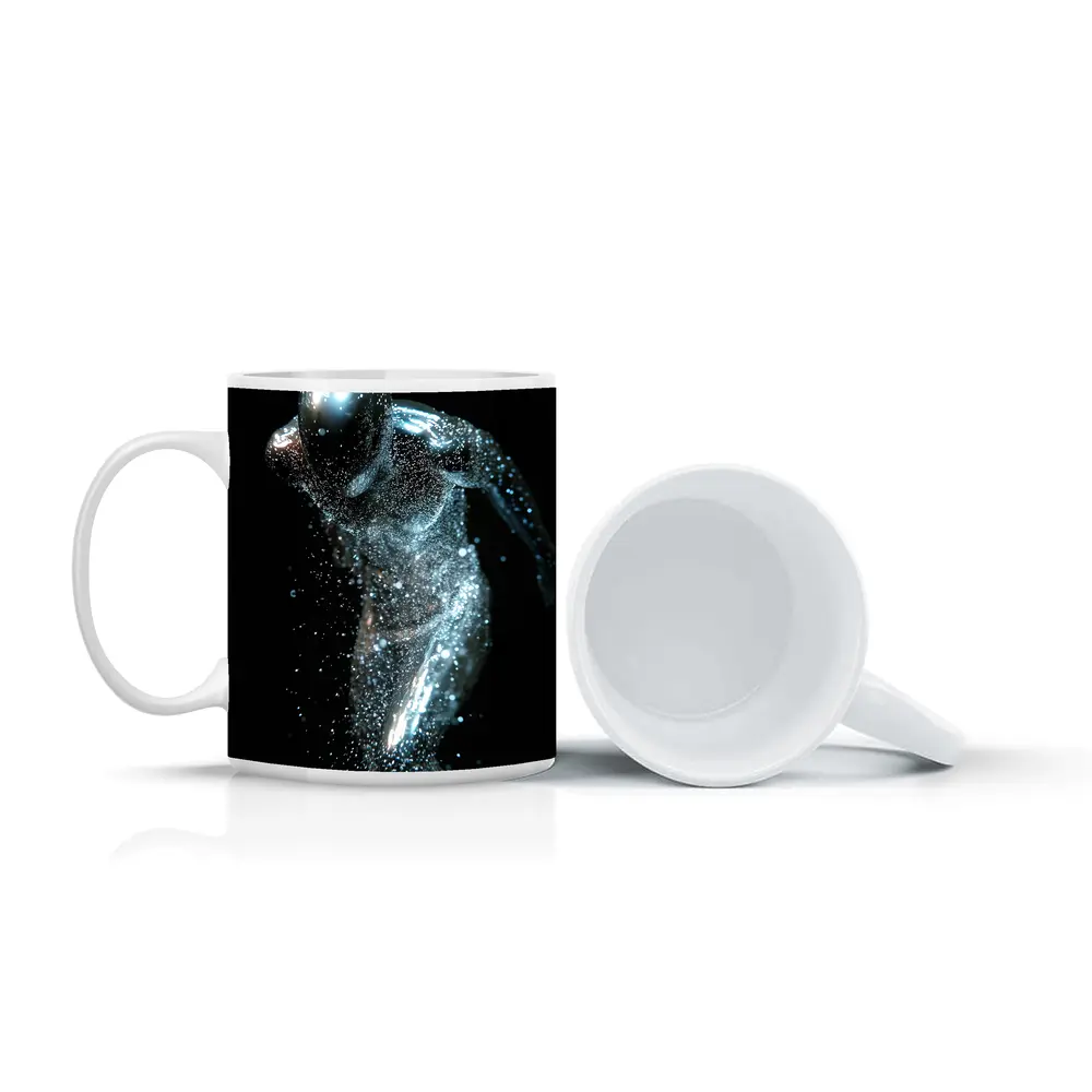 Silver Figure Running Particle Explosion Dark Background – Mugs