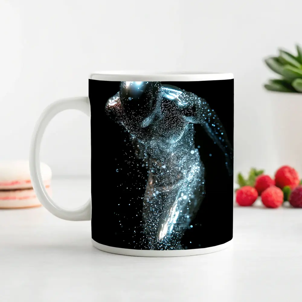 Silver Figure Running Particle Explosion Dark Background – Mugs