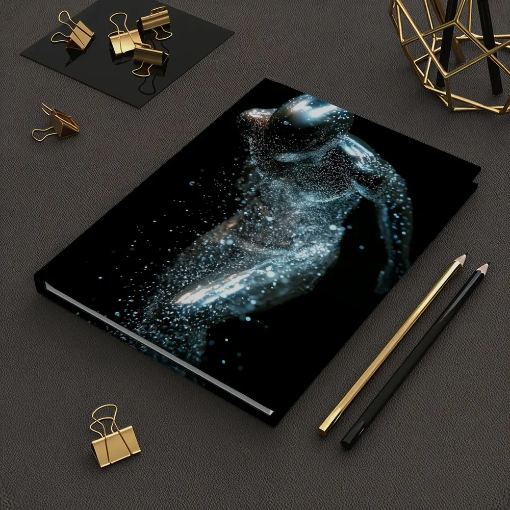 Silver Figure Running Particle Explosion Dark Background – Notebooks
